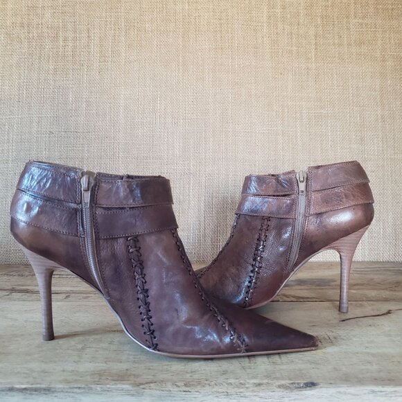 Vtg Carlos Santana Whipstitch Leather Dual Buckle Moto Pointy Ankle Booties 9 - Picture 8 of 13